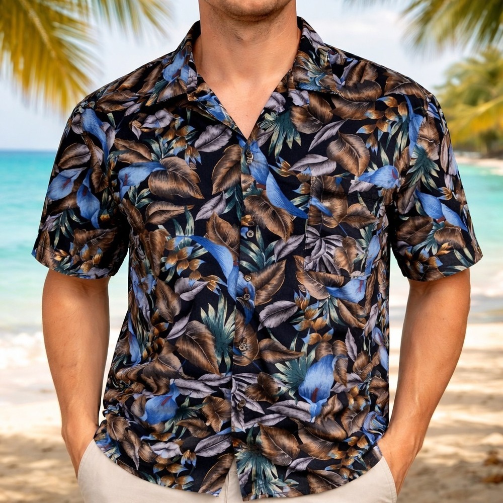 Hawaii Blues Hawaiian Aloha Shirt XL Floral Flowers‎ Tropical Leaves Brown
